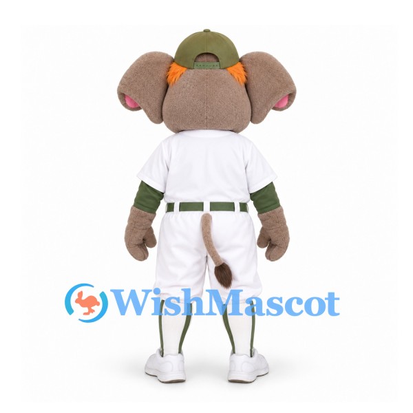 Elephant Mascot Costume in Brown with White Baseball Uniform and Green Cap