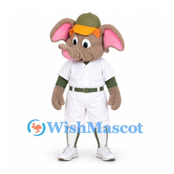 Elephant Mascot Costume in Brown with White Baseball Uniform and Green Cap