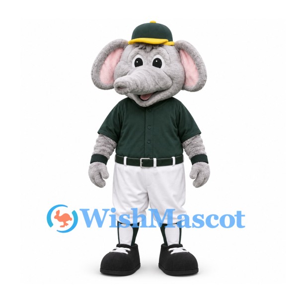 Elephant Mascot Costume in Gray with Green Shirt and White Baseball Trousers