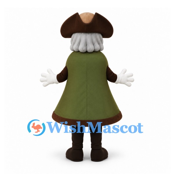 Colonial Man Mascot Costume in Green Coat with Brown Tricorn Hat