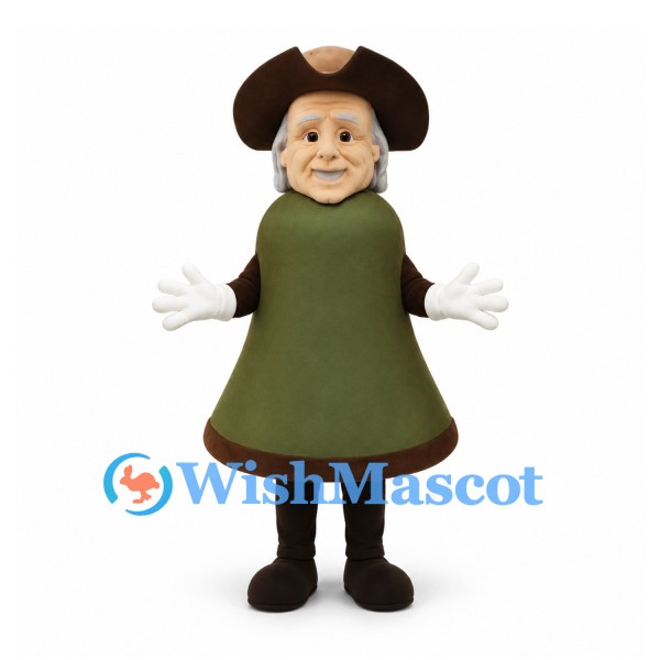 Colonial Man Mascot Costume in Green Coat with Brown Tricorn Hat