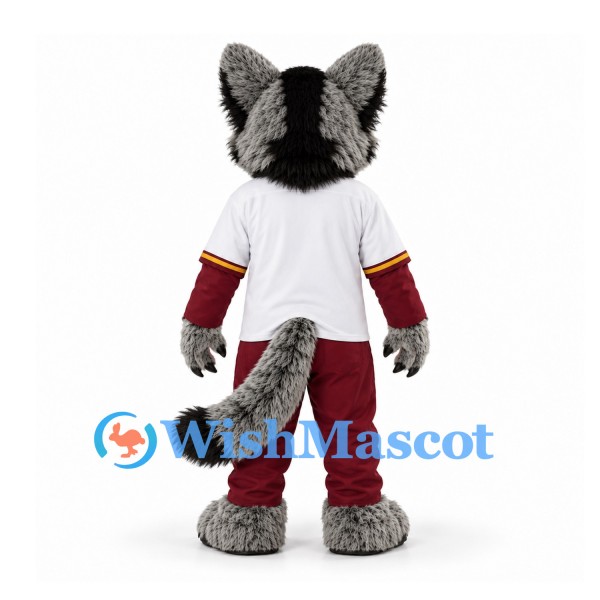 Wolf Mascot Costume in Gray with White Sports Shirt and Burgundy Trousers