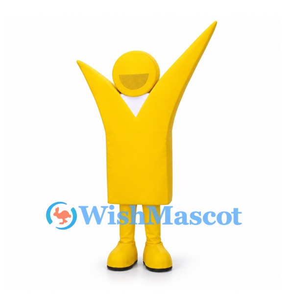 Yellow Figure Mascot Costume with Raised Arms and Circular Head