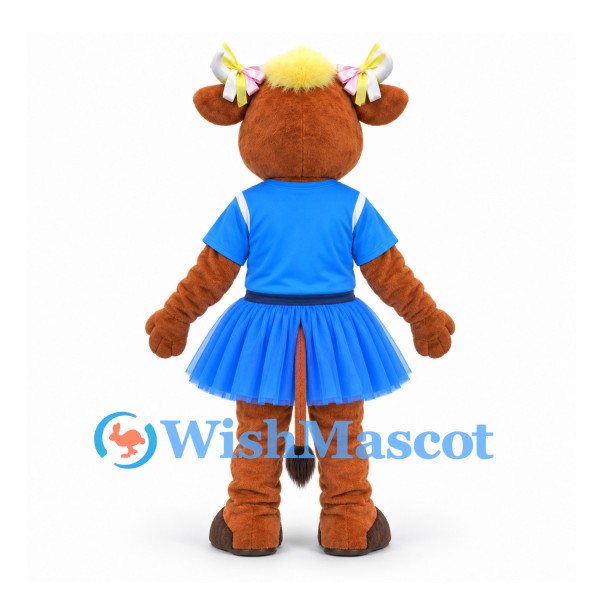 Cow Mascot Costume in Brown with Blue Cheerleader Dress and Hair Bows