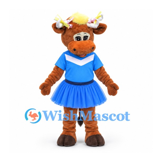 Cow Mascot Costume in Brown with Blue Cheerleader Dress and Hair Bows