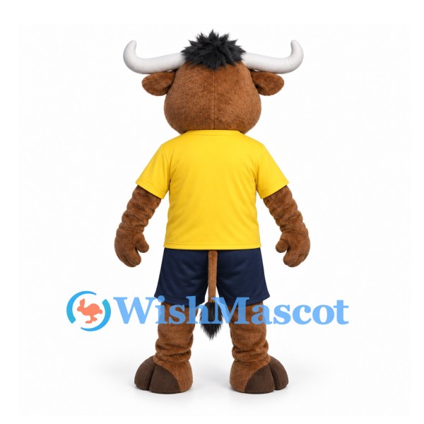 Bull Mascot Costume in Brown with Yellow Shirt and Navy Shorts