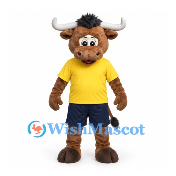 Bull Mascot Costume in Brown with Yellow Shirt and Navy Shorts