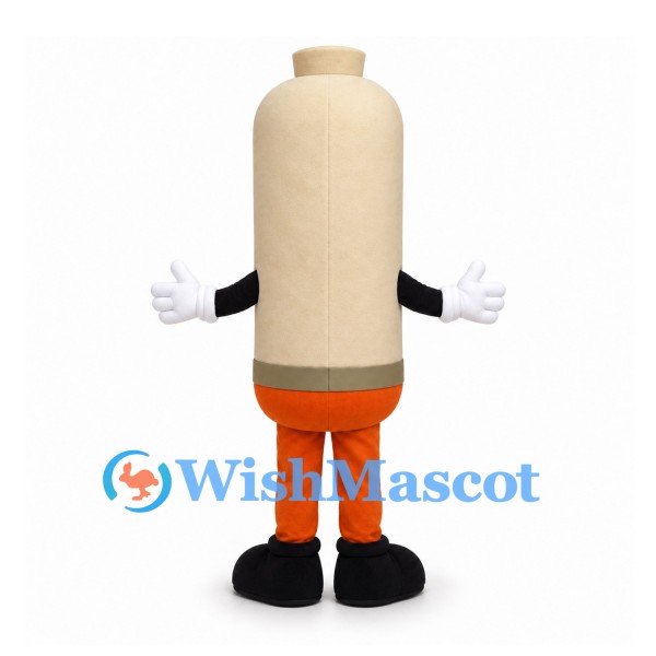 Bottle Character Mascot Costume in Beige with Red Bow Tie and Orange Trousers