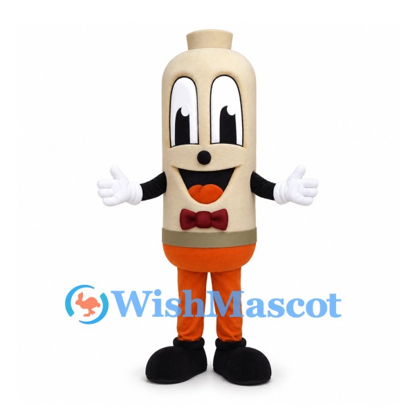 Bottle Character Mascot Costume in Beige with Red Bow Tie and Orange Trousers