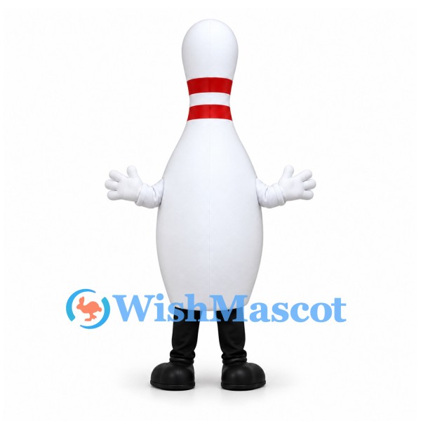 Bowling Pin Mascot Costume in White with Red Neck Stripes