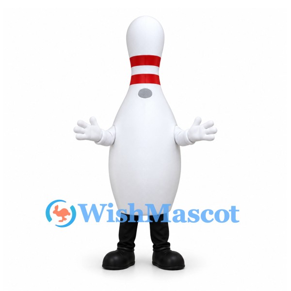Bowling Pin Mascot Costume in White with Red Neck Stripes