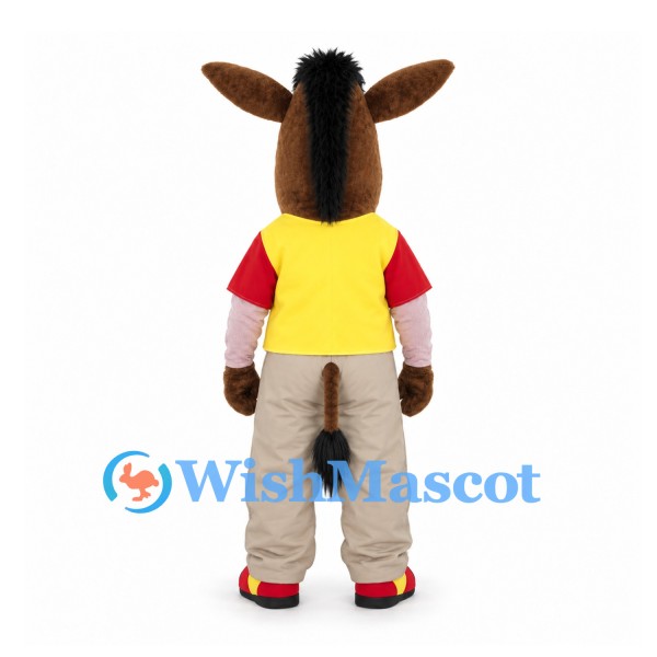 Donkey Mascot Costume in Brown with Yellow Vest and Beige Trousers