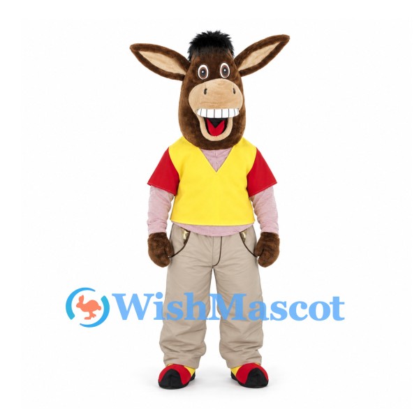 Donkey Mascot Costume in Brown with Yellow Vest and Beige Trousers