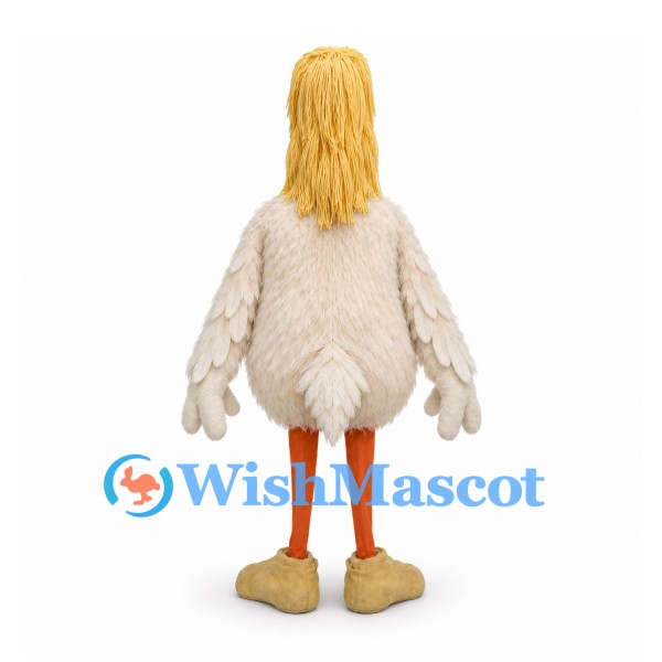 Pelican Mascot Costume in Cream with Long Orange Beak and Yellow Hair