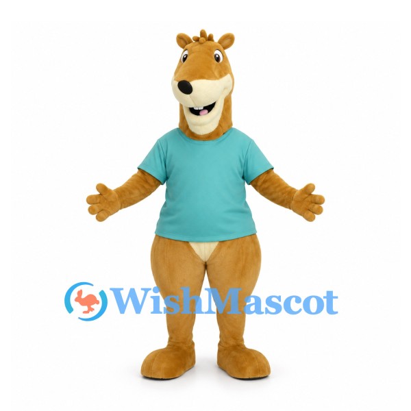 Kangaroo Mascot Costume in Tan with Teal Shirt