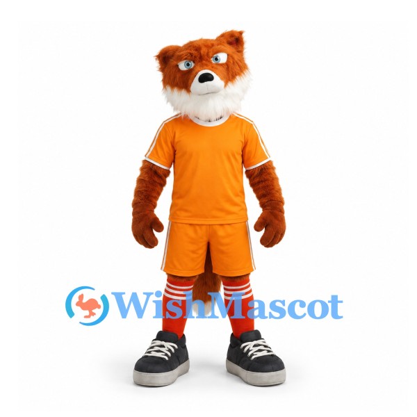 Fox Mascot Costume in Rust Brown with Orange Sports Uniform