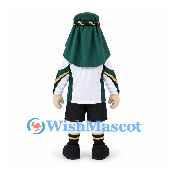 Man Mascot Costume with Black Beard Green Headscarf and White Sports Shirt