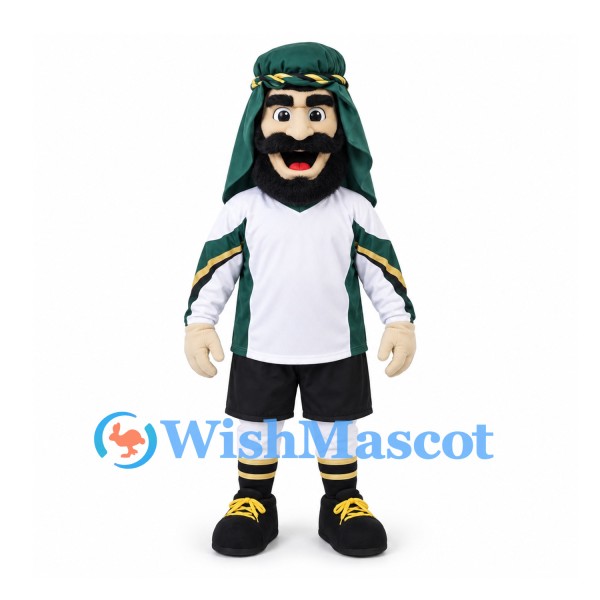 Man Mascot Costume with Black Beard Green Headscarf and White Sports Shirt