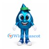 Water Droplet Mascot Costume in Metallic Blue with Green Cap