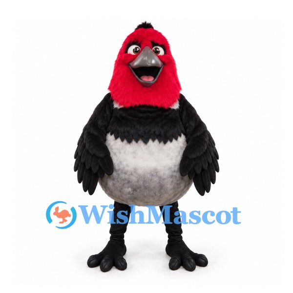 Bird Mascot Costume in Red Black and Gray with Rounded Body