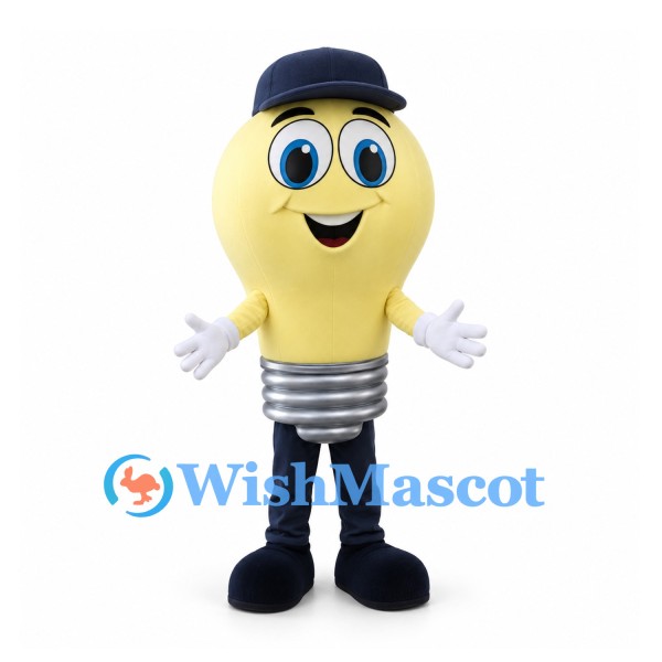 Light Bulb Mascot Costume in Yellow with Navy Cap and Trousers