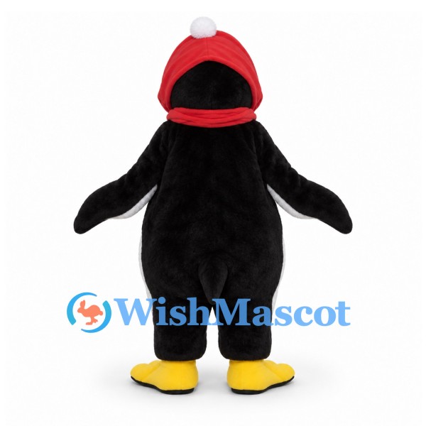 Penguin Mascot Costume with Red Hood and Long Scarf