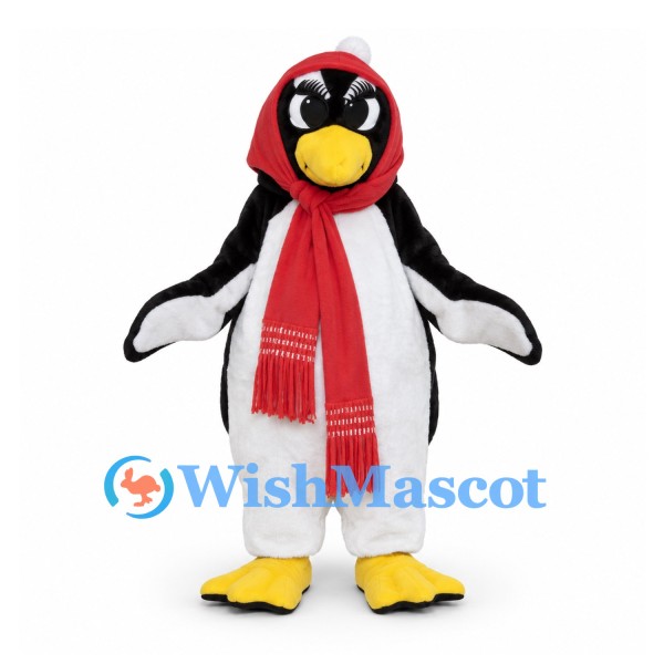Penguin Mascot Costume with Red Hood and Long Scarf