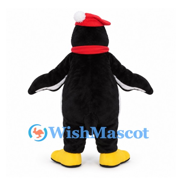Penguin Mascot Costume with Red Scarf and Santa Hat
