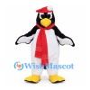 Penguin Mascot Costume with Red Scarf and Santa Hat