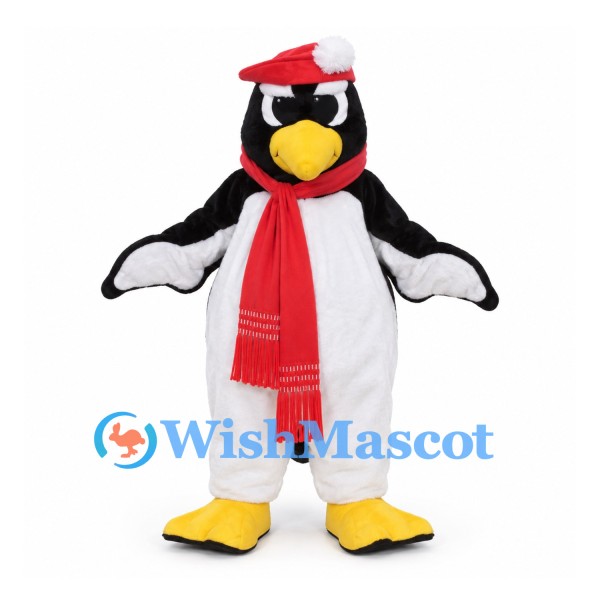 Penguin Mascot Costume with Red Scarf and Santa Hat