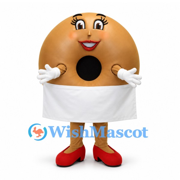 Bagel Mascot Costume in Brown with White Apron and Red Heels