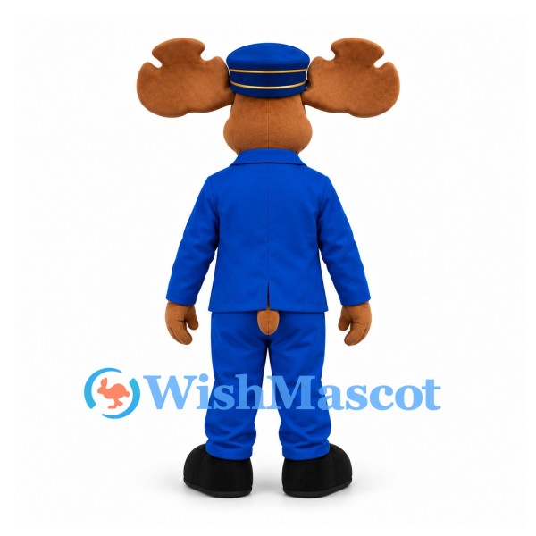 Moose Mascot Costume in Blue Uniform with Matching Cap