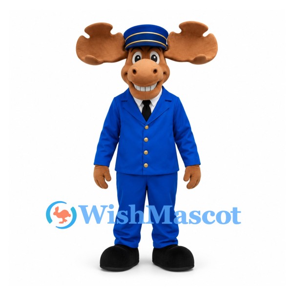 Moose Mascot Costume in Blue Uniform with Matching Cap