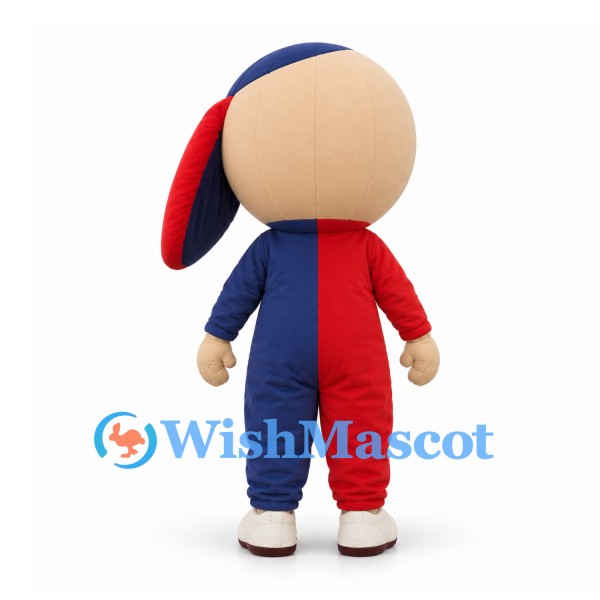 Jester Mascot Costume in Red and Navy with a Two-Pointed Hat