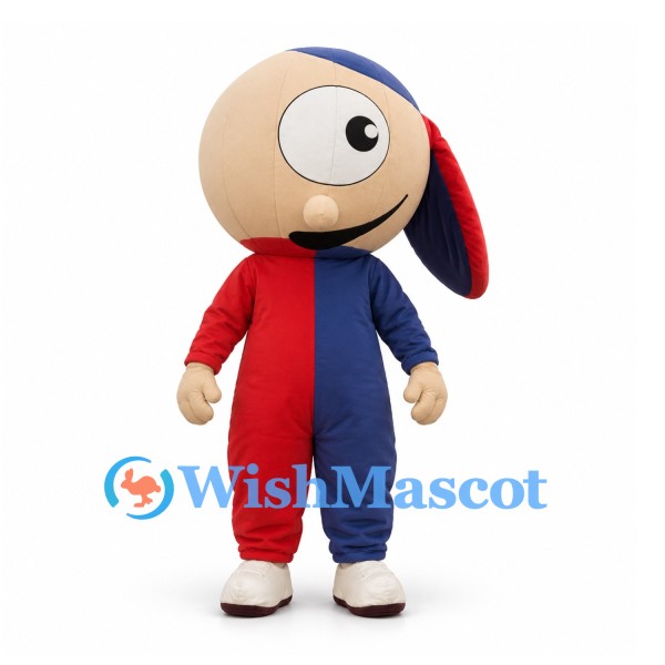 Jester Mascot Costume in Red and Navy with a Two-Pointed Hat