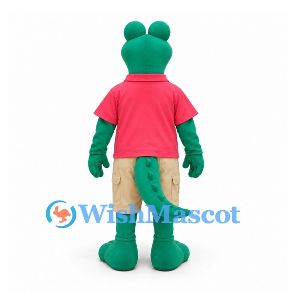 Crocodile Mascot Costume in Green with Pink Polo Shirt and Beige Shorts