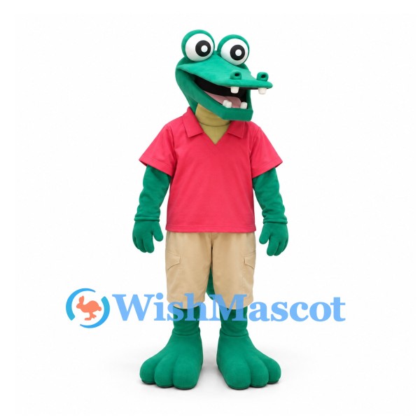 Crocodile Mascot Costume in Green with Pink Polo Shirt and Beige Shorts