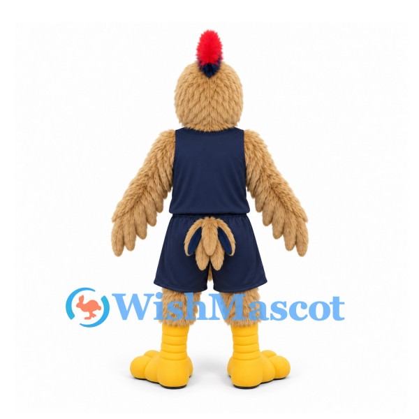 Rooster Mascot Costume in Tan with Navy Sleeveless Sports Uniform