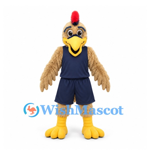 Rooster Mascot Costume in Tan with Navy Sleeveless Sports Uniform