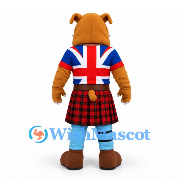 Bulldog Mascot Costume with Union Jack Shirt and Red Tartan Kilt