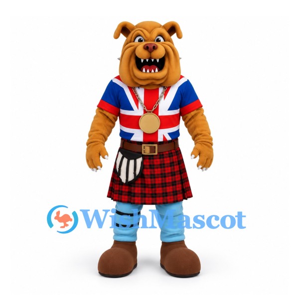 Bulldog Mascot Costume with Union Jack Shirt and Red Tartan Kilt