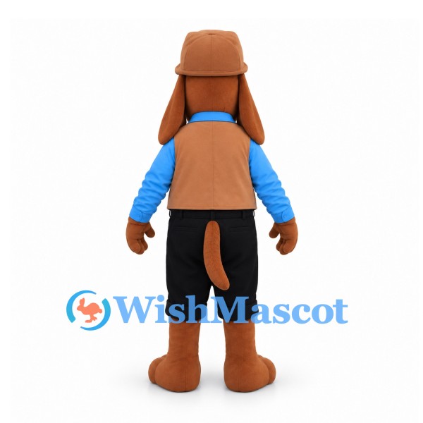 Dog Mascot Costume in Brown with Blue Shirt Black Shorts and Aviator Hat