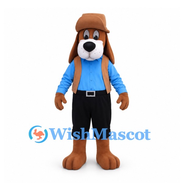 Dog Mascot Costume in Brown with Blue Shirt Black Shorts and Aviator Hat