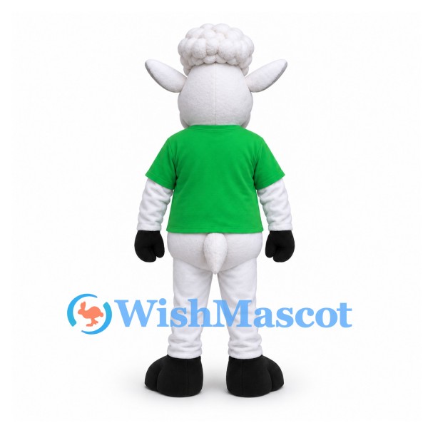 Sheep Mascot Costume in White with Green Shirt