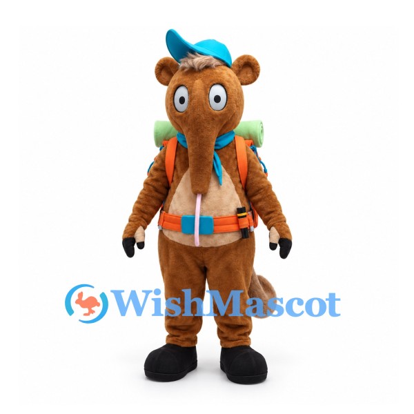 Anteater Mascot Costume in Brown with Orange Backpack and Blue Cap