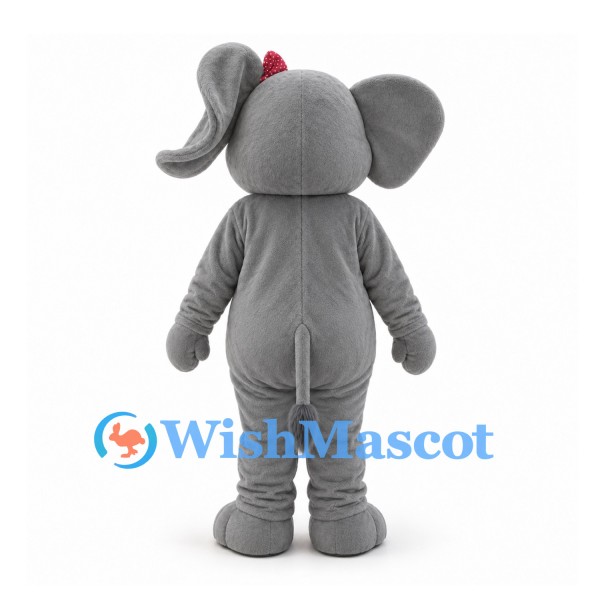 Elephant Mascot Costume in Gray with White Belly and Red Bow