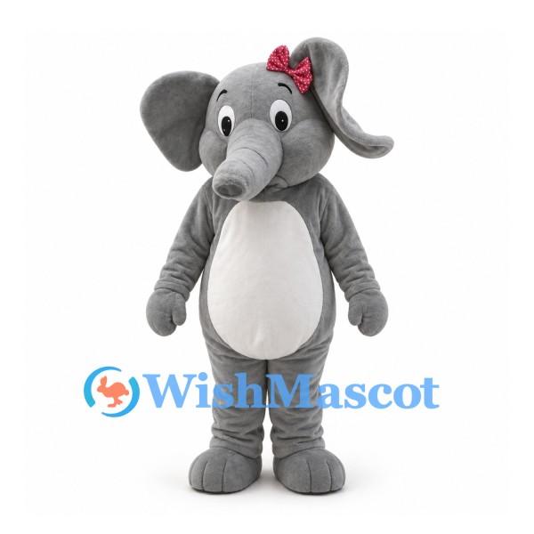 Elephant Mascot Costume in Gray with White Belly and Red Bow