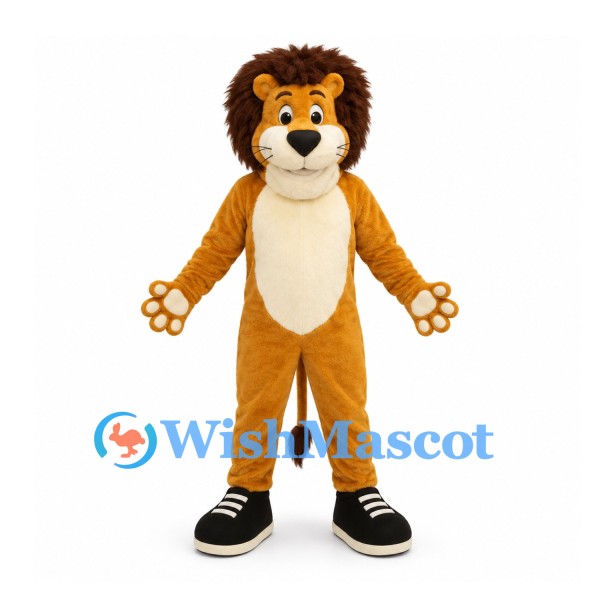 Lion Mascot Costume in Gold with Brown Mane and Black Sneakers