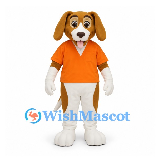 Dog Mascot Costume in White and Brown with Orange Polo Shirt