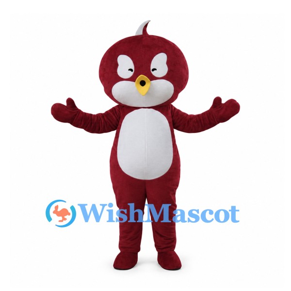 Bird Mascot Costume in Burgundy with White Belly and Yellow Beak